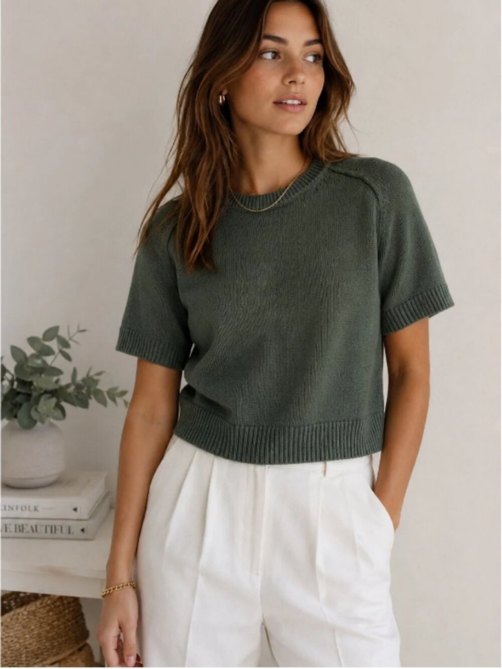 Abercrombie & Fitch A&F Madeline Olive Sage Green SS Crew Knit Sweater S $65